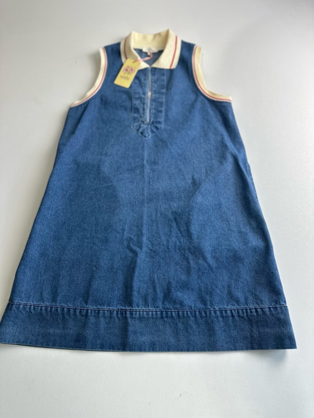 Entro women’s S sleeveless denim dress with side pockets front zip cream trim - Picture 13 of 13